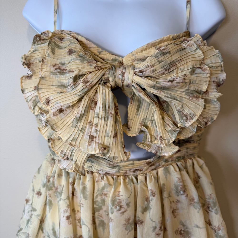 Women's Yellow Floral Tiered Midi Dress with Tie Front - Picture 2 of 10